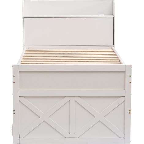 Lit simple en pin massif 90 x 190 cm blanc, multifonctionnel, tiroir escamotable, table chevet avec étagères et prise USB, lit jeunesse