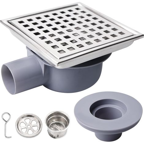 Caniveau de Douche Carré 15 x 15 cm, Caniveau De Douche en Acier Inoxydable 360° Siphon, DN50 carré en Acier Inoxydable Évacuation Carrelage Accessoires Inclus pour Salle de Bain (1/5)