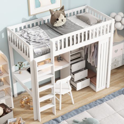 Lit Mezzanine 90×200 cm avec Bureau, Armoire, 3 Tiroirs et 3 Compartiments, sans Matelas, en Pin, Blanc (1/5)