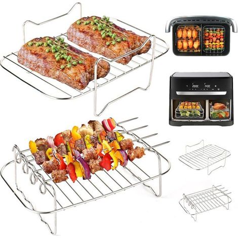 Lot de 2 grilles de cuisson-KAL-en acier inoxydable pour Ninja AF300EU/AF400EU, avec 4 brochettes, accessoires polyvalents (1/5)