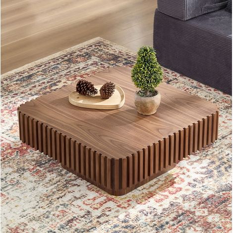 Tavolino da caffè quadrato 80x80x35 cm, piano in impiallacciatura noce, struttura in legno massiccio e MDF, colore noce (1/5)