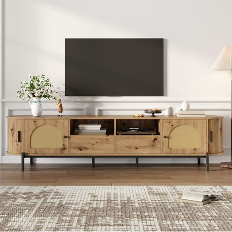Ovaler TV-Schrank 200 cm mit Rattantüren, 2 Schubladen und Kabeldurchlass, Natur – OKMYHOME (1/5)