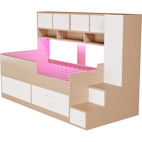 Lits en bois pour enfants 90 × 200 cm, avec espace de rangement, compartiments, armoire et échelle d’escalade simple, avec éclairage LED, cadre de lit enfant avec barrière de sécurité, couleur bois (1/5)