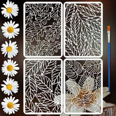 4PCS Pochoirs Feuilles 21x29.7cm avec un Pinceau Pochoir Peinture Texture de Feuilles Modèle de Dessin Thème Nature Pochoirs Plantes PET Réutilisables pour Décor Murale Maison Meuble (1/5)