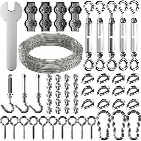 30m Corde en Acier Inoxydable à Suspendre Kit,2mm Câble en acier inoxydable revêtu avec Tendeur et Crochets,pour Suspension Lumineuse,plante grimpante,corde a linge,rideau pergola,rambarde. (1/5)