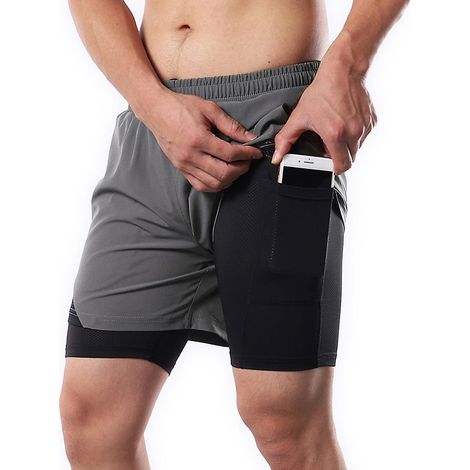 2-in-1-Laufshorts für Herren mit Handtuchschlaufe, Taschen, schnelltrocknend, fürs Fitnessstudio, hellgrau, Größe M