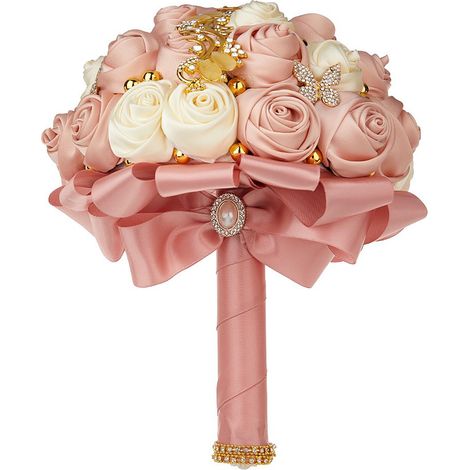 Soavoa Bouquet de Mariée Rose avec Rubin Satin et Papillon Doré Strass, Élégant pour Cérémonie et Demoiselle d'Honneur (1/4)