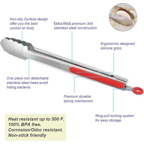 Pinces de cuisine en acier inoxydable 304, ensemble de 2 pinces robustes de 23 et 30 cm pour barbecue et grillades, finition brossée, avec système de verrouillage. (1/4)