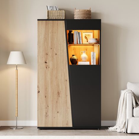 Modernluxe - Vitrine moderne 80 x 35 x 139,5 cm - Éclairage LED, 2 portes et étagères en verre réglables - MDF - Finition noir et bois (1/5)