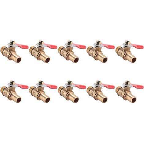 Lot de 10 vannes à bille en laiton à passage intégral, filetage mâle PT 10 mm x 1/4 pouce, avec poignée à levier et embout cannelé. (1/5)