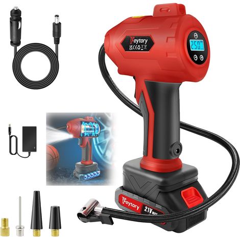 Compresseur d'air à cylindre métallique deux en un, équipé d'une batterie 21V et d'un adaptateur secteur de voiture 12V, pompe à air numérique 180PSI, adapté aux voitures, motos, vélos et ballons de s (1/5)