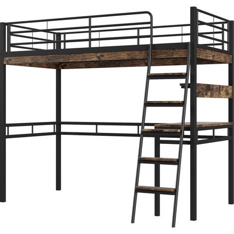 Cama alta metálica negra 90x200 cm con escritorio, estantes y escalera MODENUIT (1/5)