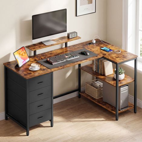 Bureau Informatique d’Angle, Étagères Réglables, 4 Tiroirs, Ports USB, 140 x 80 cm, Marron