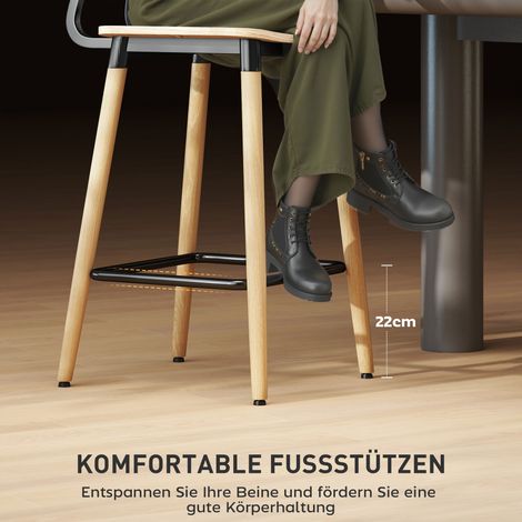 Lot de 2 tabourets de bar à dossier, chaises hautes pour cuisine, îlot central, salle à manger, bois et métal, couleur brun clair (1/4)