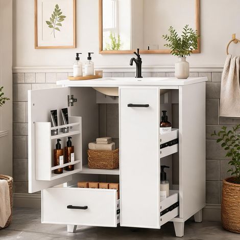 Meuble sous vasque avec lavabo céramique blanc 3 tiroirs (1/5)