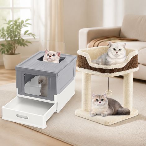 Indoor Cat Essentials Set (2-Piece) – Foldable Lidded Litter Box & Plush Sisal Cat Tree (1/5)