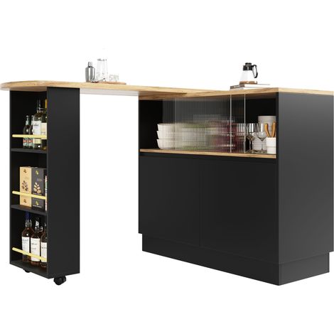 Barschrank mit 360° Drehfunktion, offenen Regalen und Glasschiebetür für Küche und Esszimmer aus MDF Schwarz (1/5)