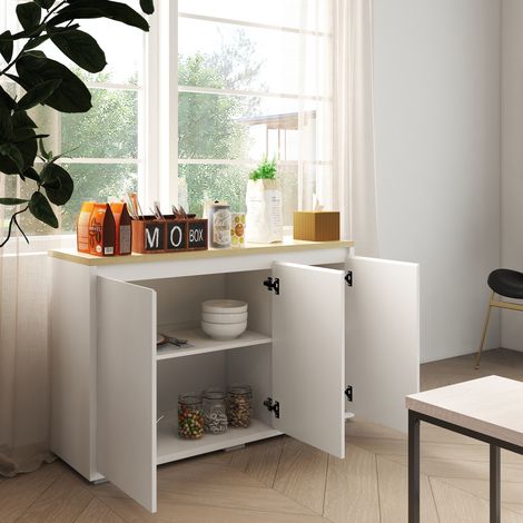 Mehrzweckschrank mit 2 zweistöckigen Spanplattenschränken, verstellbarem Einlegeboden, 120 x 37 x 75 cm, weiß und holzfarben