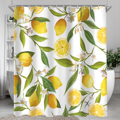 Rideau de douche, 120 x 200 cm, motif feuilles de citron, ourlet lesté, anti-moisissure, imperméable, lavable, en polyester, avec 8 œillets et anneaux de rideau de douche, pour salle de bain