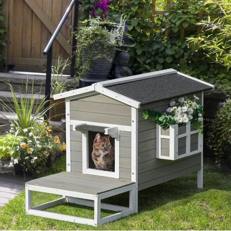 Katzenhaus 115 x 66,5 x 74,7 cm aus Holz, grau, mit Terrasse – MEUBLIV (1/5)