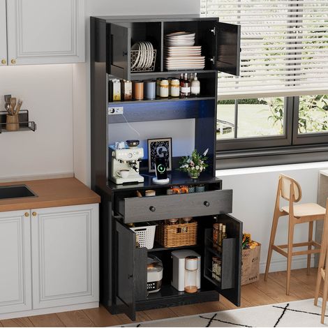 Armario de cocina alto con LED RGB, enchufes USB, cajón y estantes para cafetera, despensa y vajilla, 72 x 40 x 180 cm, negro de MDF – CHICFURN para cocina y comedor (1/5)