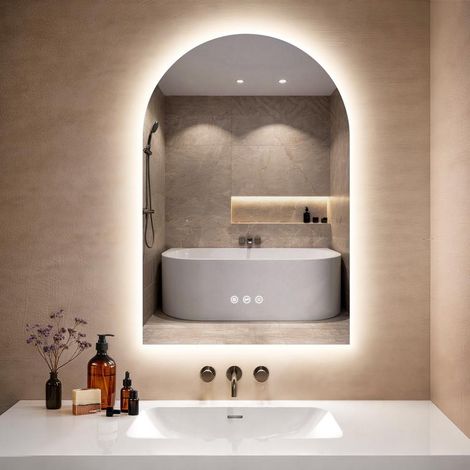 GIMBELEN Badezimmerspiegel mit Beleuchtung, 80 x 60 cm Bad Spiegel mit Licht und Tastenschalter, LED Spiegel Bad mit Antibeschlag, 2 Lichtfarben Einstellbar,3000K / 6500K, Energiesparend (1/5)