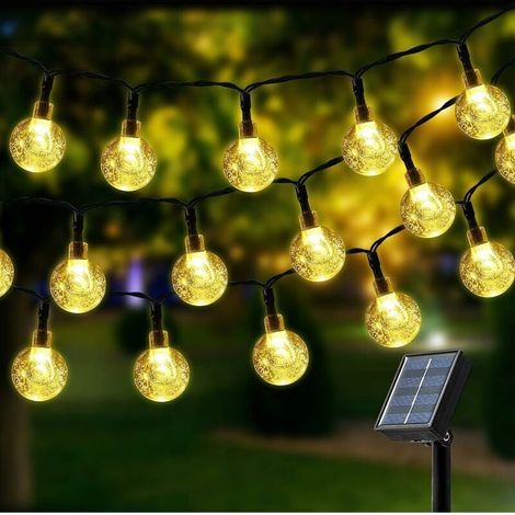 Luci solari a stringa, 100 LED, 12 m, luce bianca calda a sfera, 8 modalità, impermeabili, ideali per decorazioni esterne, giardini, patii, matrimoni e feste. (1/4)