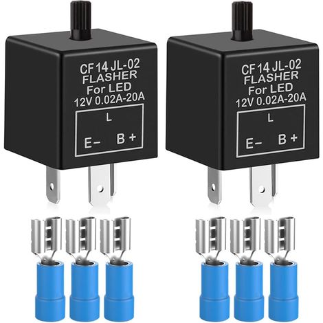 2-Piece 12V 3-Pin Adjustable Flasher Relay for LED Turn Signals CF-14KT, Car Motorcycle Electronic Flasher Relay 0.1W-150W, Comes with 6 Terminals