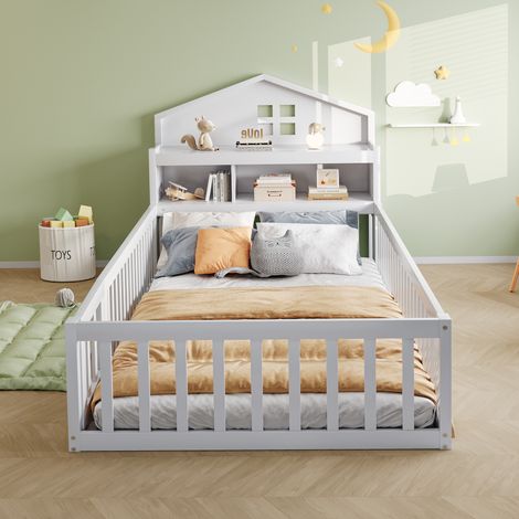 Lit enfant cabane en bois massif blanc 90x200 cm avec tête de lit rangement, tableau, barrière et sommier à lattes