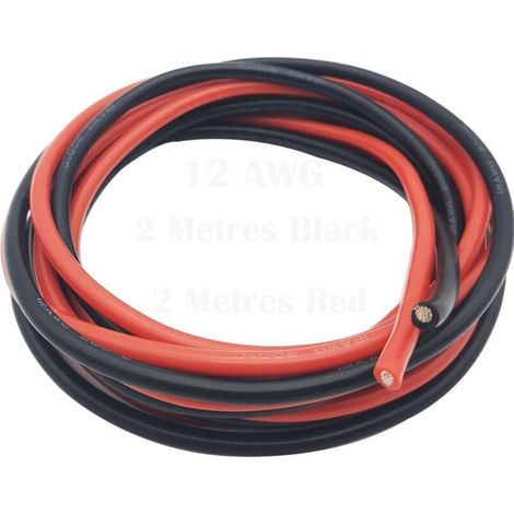 Fil de silicone de 12 AWG. fil flexible de silicone du fil de cuivre étamé résistant à hautes températures pour voiture RC. drone etc (2 mètres noir et 2 mètres rouge) (1/4)