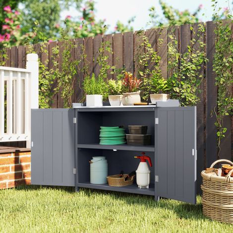 Armoire de jardin en bois avec plateau métal et 2 étagères pour ranger outils, 98x48x95,5 cm, gris (1/5)