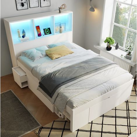 Cama dormitorio con almacenaje y mesilla móvil blanca OKMYHOME (1/5)