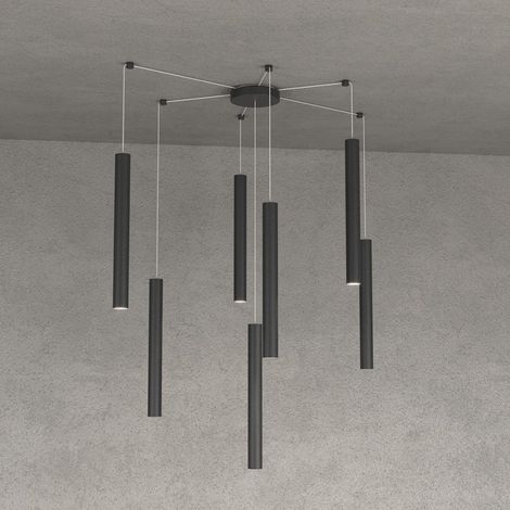 Lampadario top light round tube 1174 s7 gu10 led cilindro metallo classico moderno, finitura metallo nero