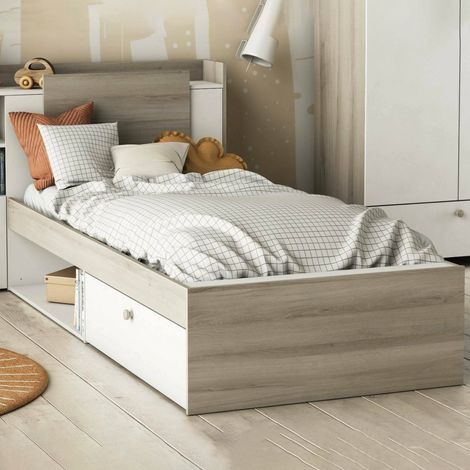 Dmora - Cama individual Wali, Sommier para dormitorio, Estructura de cama por habitación, Estructura del sostenedor del colchón, 227x125 h91 cm, Roble y Blanco mate (1/5)