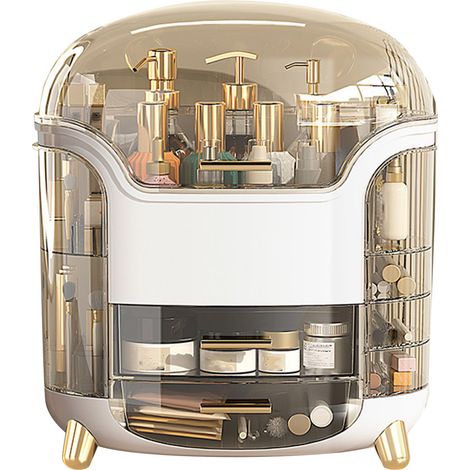 Boîte à cosmétiques grande capacité, compartiments de rangement, rotative, étanche, transparente, organiseur de maquillage vertical blanc (1/5)