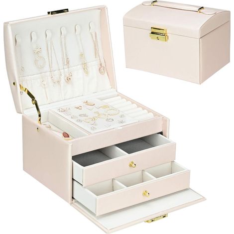 Boîte de rangement de bijoux, boîte à bijoux en cuir PU à trois couches, organisateur de bijoux compact pour colliers, boucles d'oreilles, bagues, etc - Rose (1/5)