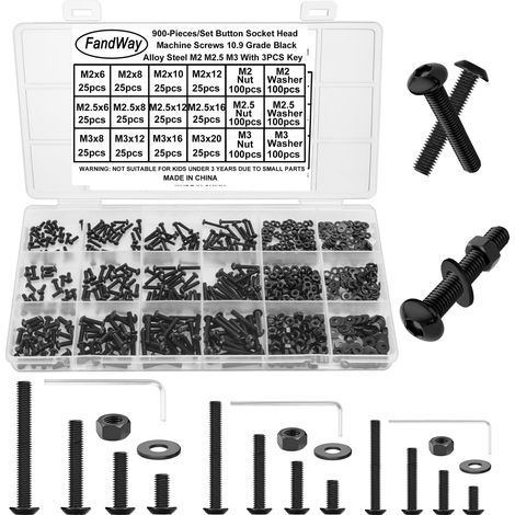 900 Pièces Vis à Six Pans Creux,M2 M2.5 M3 Jeu de Boulon et écrous Rondelles,Vis à Métaux Tête Bombée Hexagonale,Boulon a Tête Cylindrique en Acier Allié 10,9 Noir Avec 3 Clés Hexagonales. (1/5)