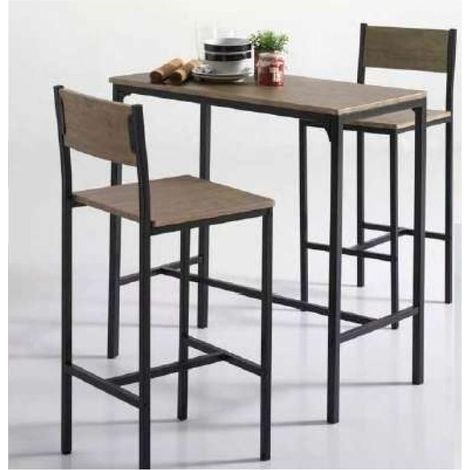 Pack mesa cocina alta + 2 taburetes altos en acabado color roble