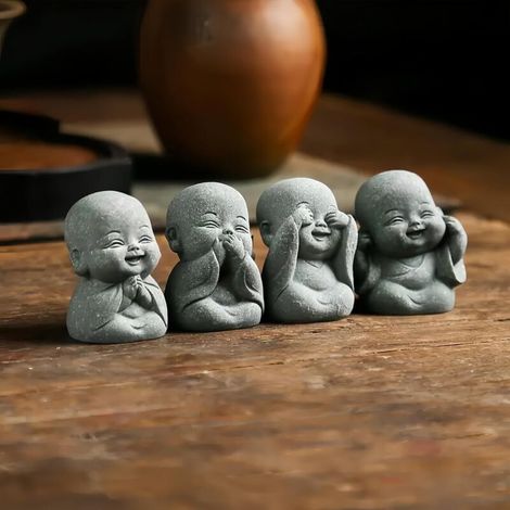 Lot de 4 Figurine Bouddha Cartoon avec Bonsaï de Sable Bluestone – Ornement Zen Jardin & Décoration Extérieure, Sculpture Effet Pierre