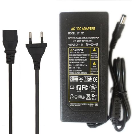 Alimentation 12V 5A, Transformateur AC 100V-240V à DC 12 Volt 60W avec Prise EU, Adaptateur 12V 5000mA pour 5050 3528 2835 Bande LED,Lumières LED, CCTV, Moniteur TFT (1/5)
