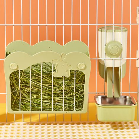 Mangeoire Foin Lapin, Kit d'alimentation 3 en 1 avec gamelle et Entonnoir Suspendu pour Cage, Râtelier à Foin pour Lapin Cochon d'Inde Chinchilla (Vert) (1/5)