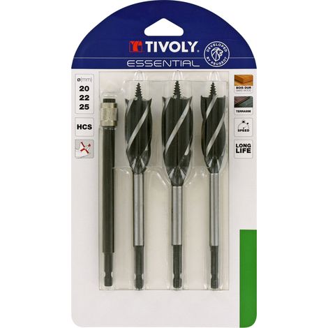 Tivoly • Juego de 4 piezas - 3 brocas para madera con 4 filos de corte Ø 20 a 25 mm + 1 extensión
