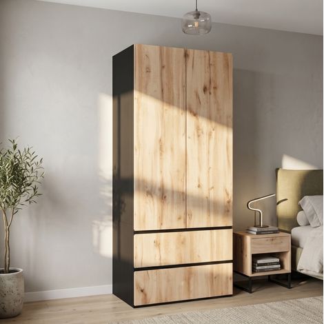 Armoire 2 portes 90x50x200 cm avec penderie et 2 tiroirs, rangement chambre ou entrée, MDF aspect chêne (1/5)