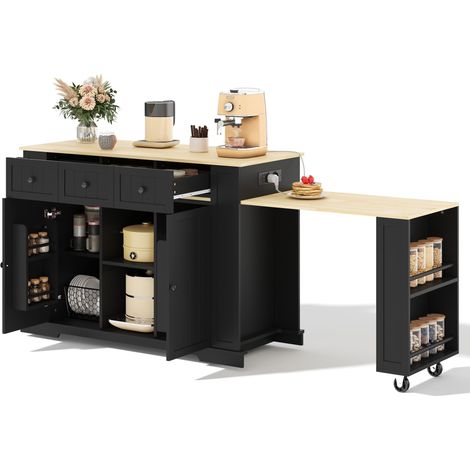 Îlot de Cuisine Mobile avec Table Extensible, Chariot sur Roulettes avec Prises, Rangement, 138-213cm (1/5)