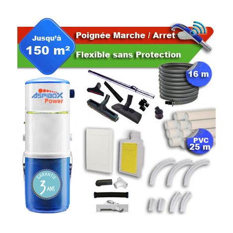 Aspirateur central ASPIBOX Power garantie 4 ans + flexible rétractable 15 m + poignée marche/arrêt + 7 accessoires + kit 1 prise RETRAFLEX + kit prise balai (rayon d'action 150 m2) (1/5)