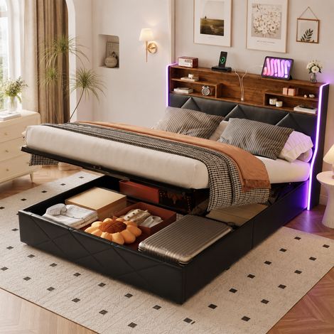 Lit coffre 160×200 cm,rangement hydraulique,lit double rembourré,lumière LED et port USB,cadre de lit 160×200,tête de lit rangement style bibliothèque,sommier à lattes,lit adulte,PU,Noir (1/5)