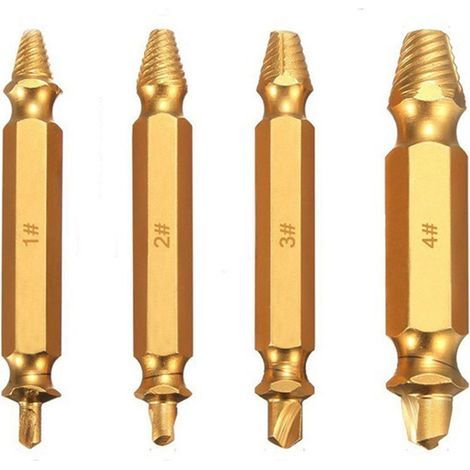 Kit de 4 extracteurs de vis à double tête pour vis cassées ou endommagées, avec forets inclus. (1/3)