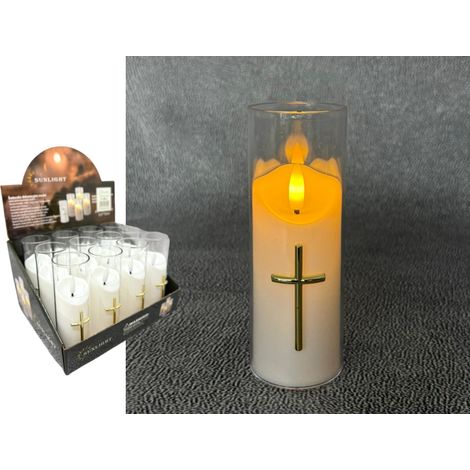 Bougie LED en plastique avec flamme vacillante, croix dorée, lumière chaude, 5,5 x 15 cm AE-A7094