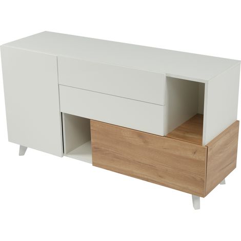 Modernes Sideboard weiß/helleiche aus Spanplatte 130 x 40 x 70 cm mit 2 Schubladen und 2 Türen (1/5)