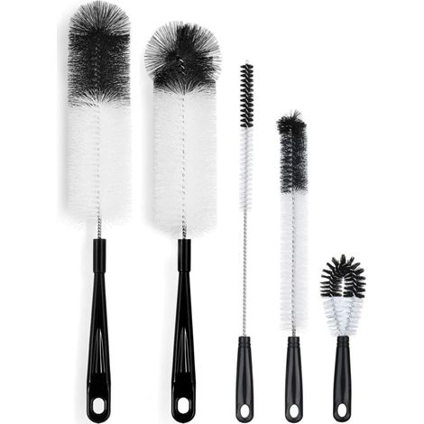 Ensemble de 5 goupillons–Brosses multifonctions–Brosses de nettoyage longues–pour bouteilles, carafes, pailles et biberons – Noir (1/5)